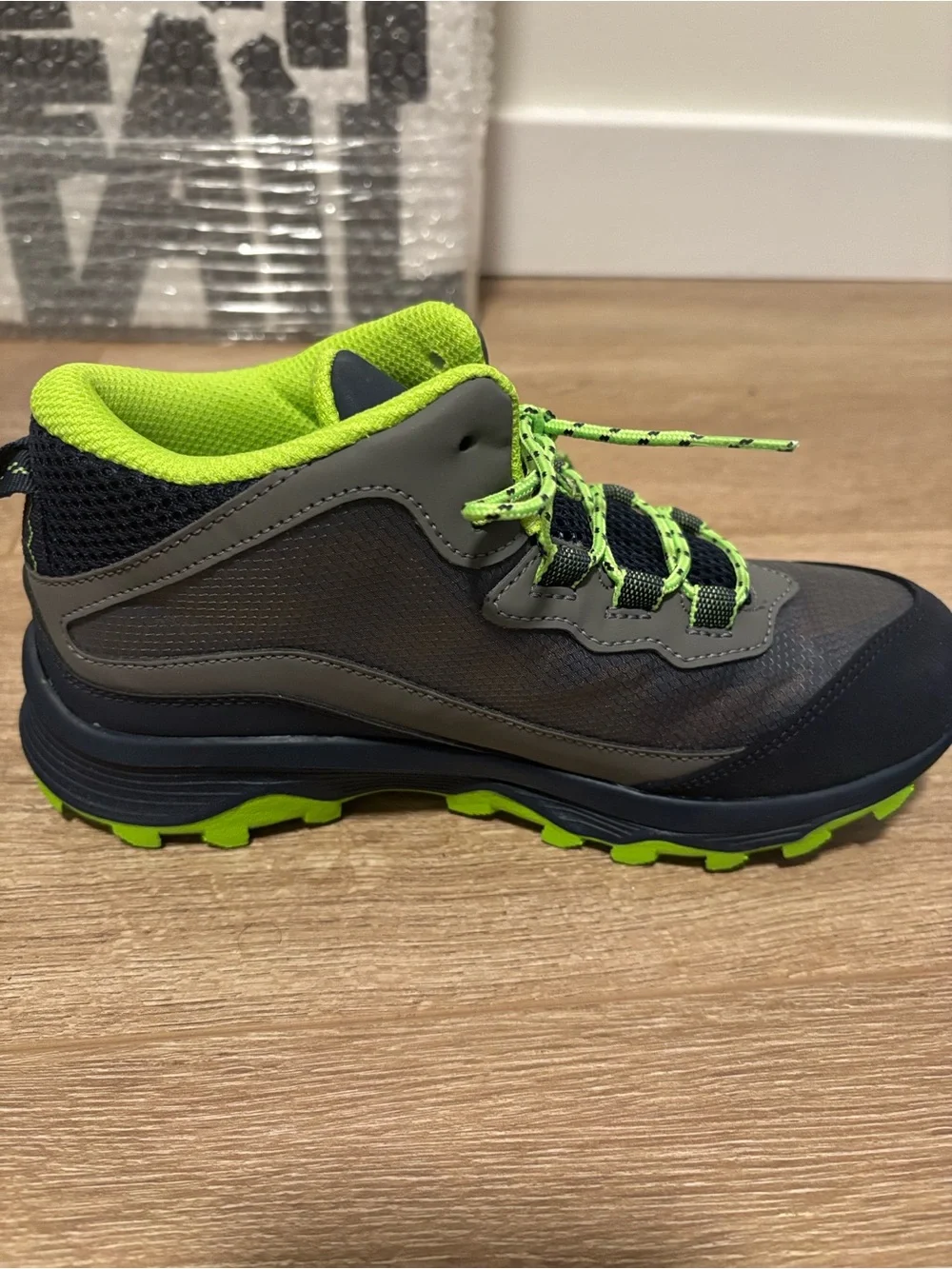 New kids Merrell Gray and Neon Green Athletic Trail Shoes